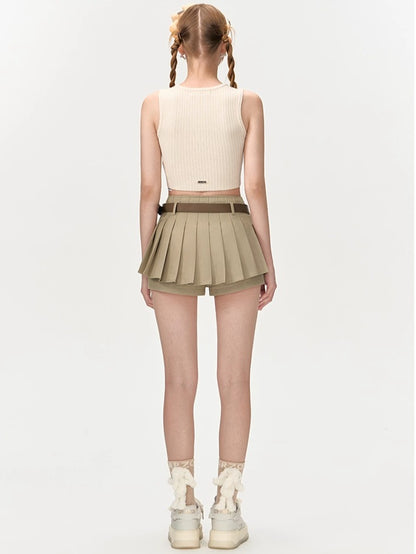 High-Waist Pleated Belted Skirt