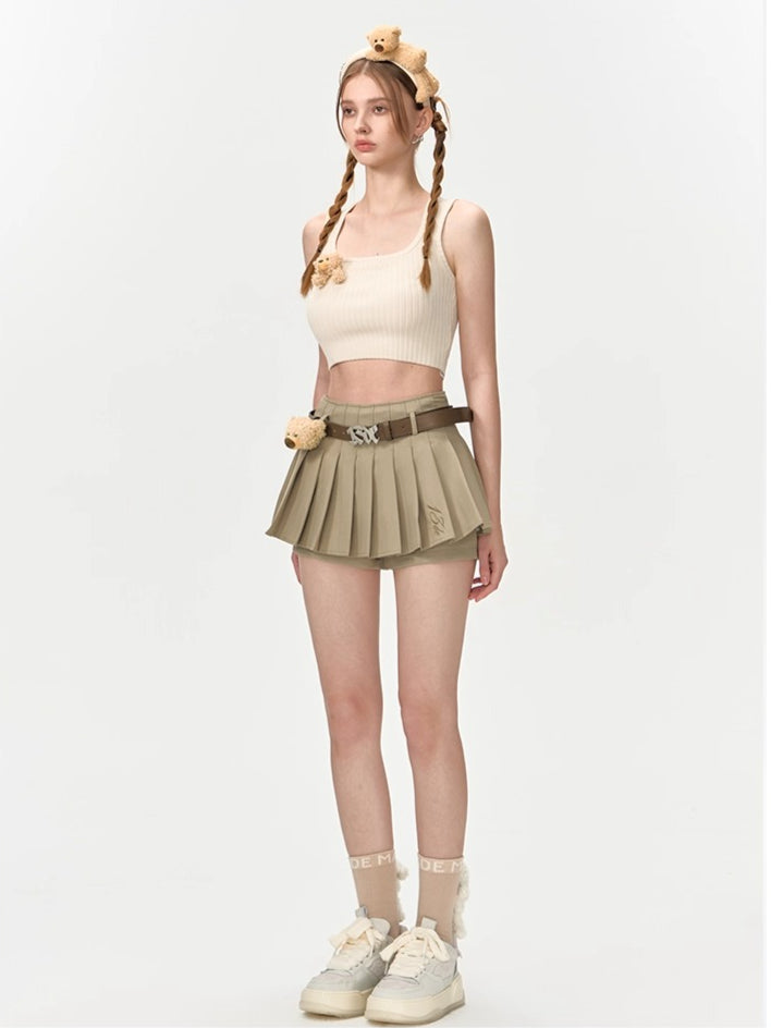 High-Waist Pleated Belted Skirt