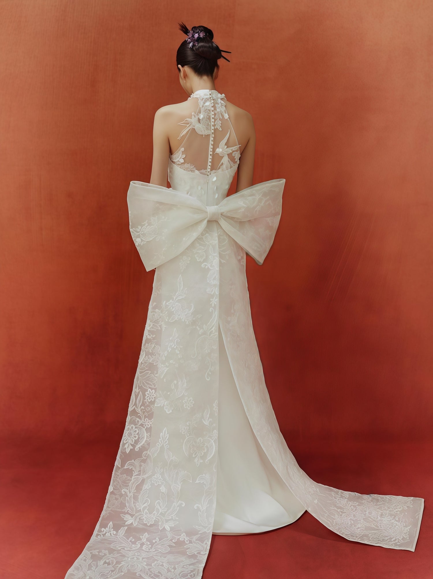 Ivory Illusion Embroidered Halter Mermaid Gown