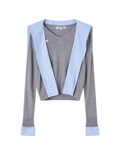 Fake Two-Piece Twist-Knot Spliced V-Neck Knit Top - CHINASQUAD
