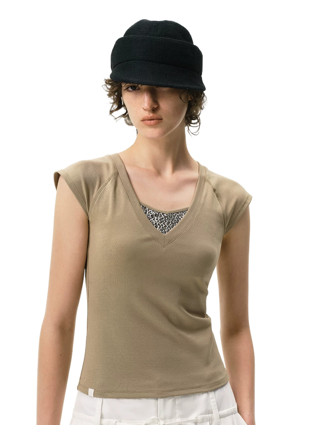 Contrast Leopard Insert V-Neck Cap Sleeve T-Shirt