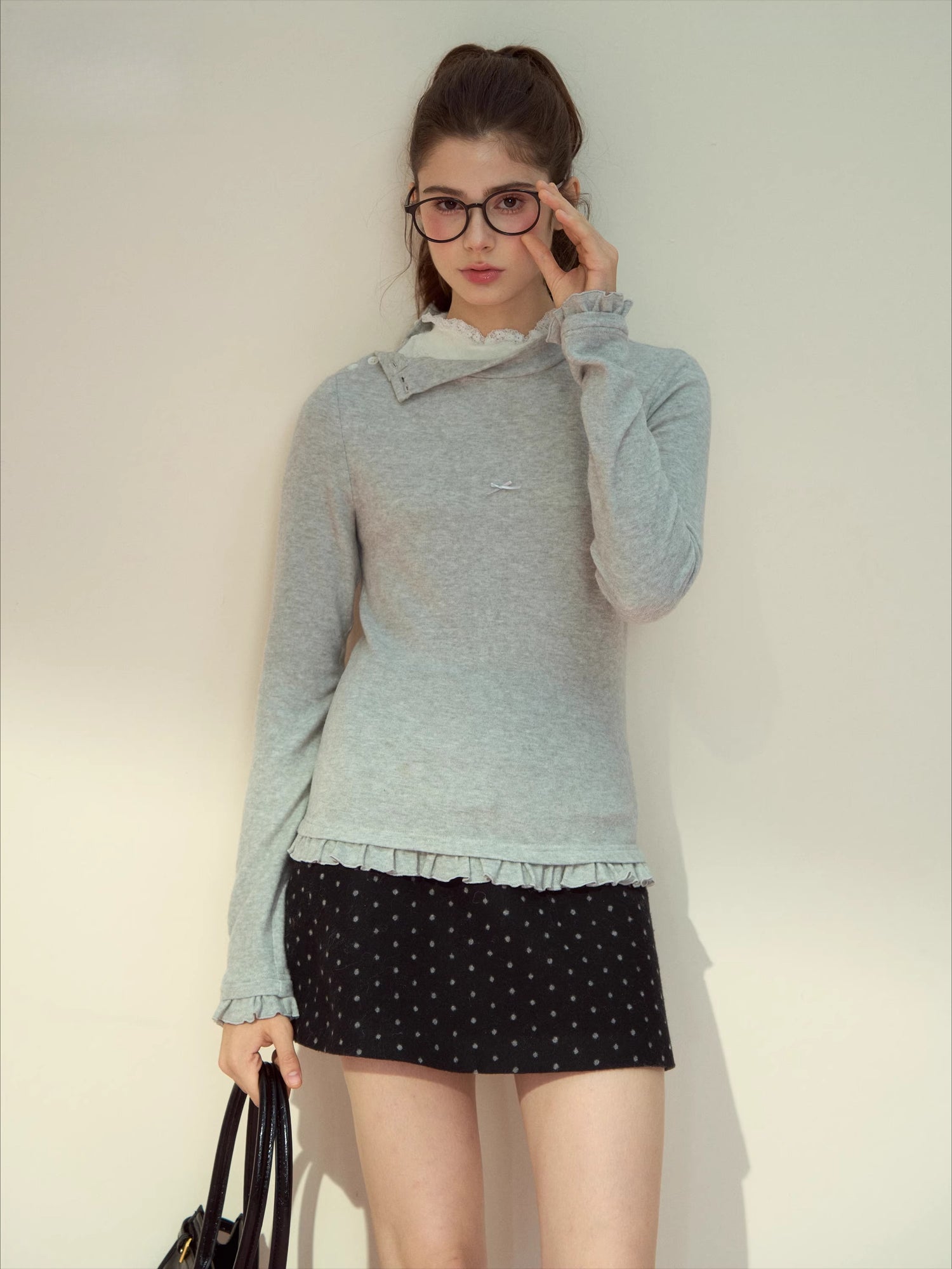 Layered Lace-Texture Mock Neck Knit T-Shirt