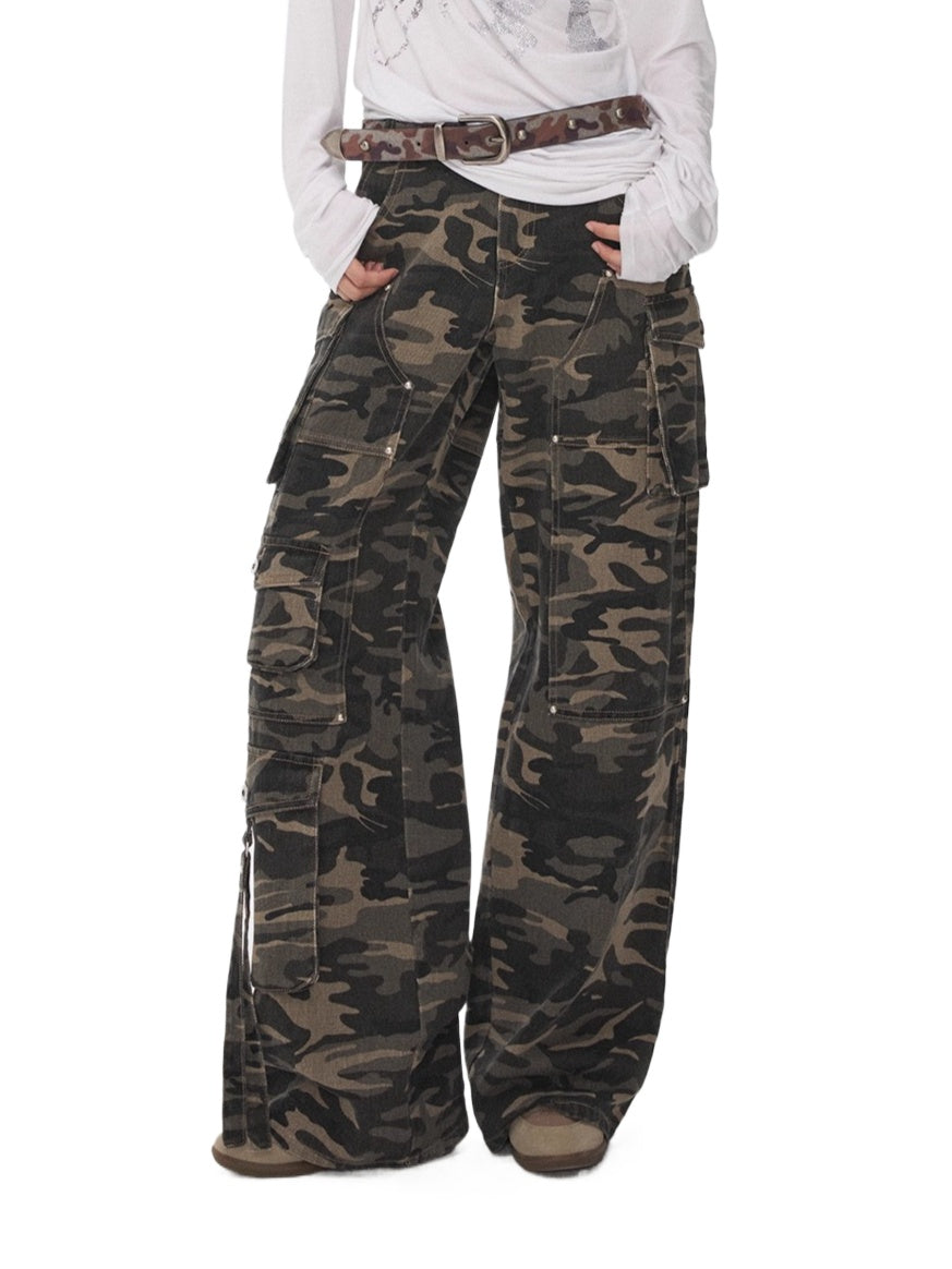 Washed Camouflage Multi-Pocket Cargo Wide-Leg Pants