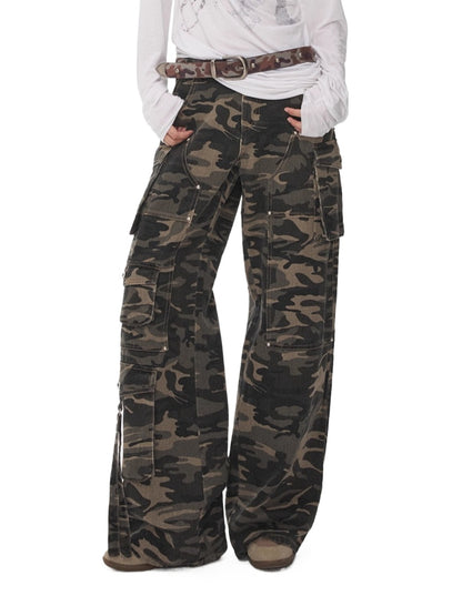 Washed Camouflage Multi-Pocket Cargo Wide-Leg Pants