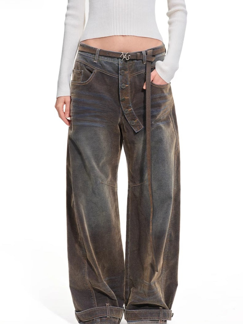 Terracotta Velvet-Washed Wide-Leg Jeans