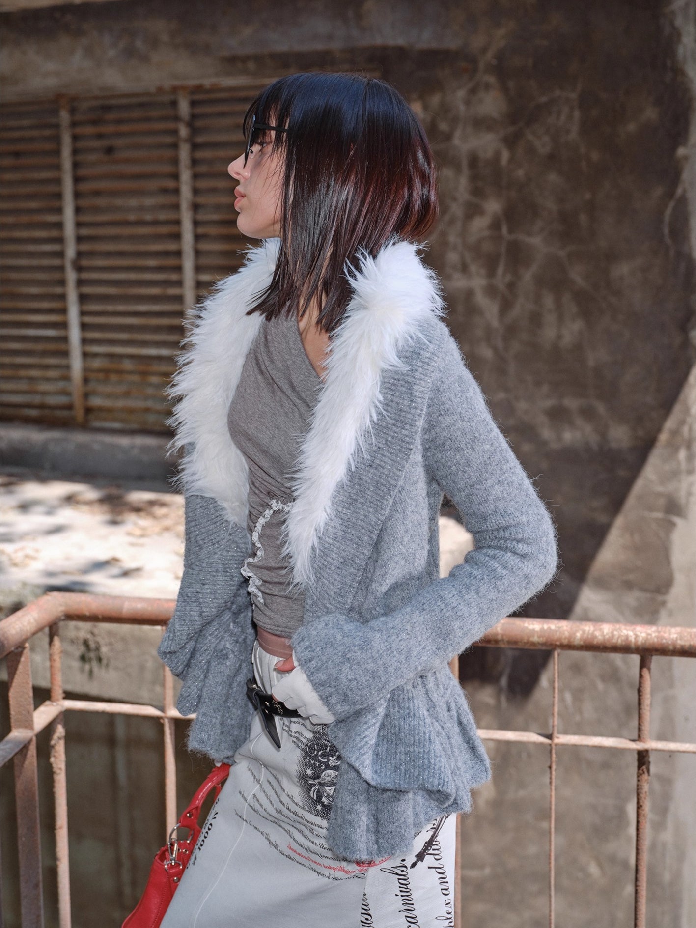 Oversized Wool-Collar Knit Cardigan Coat