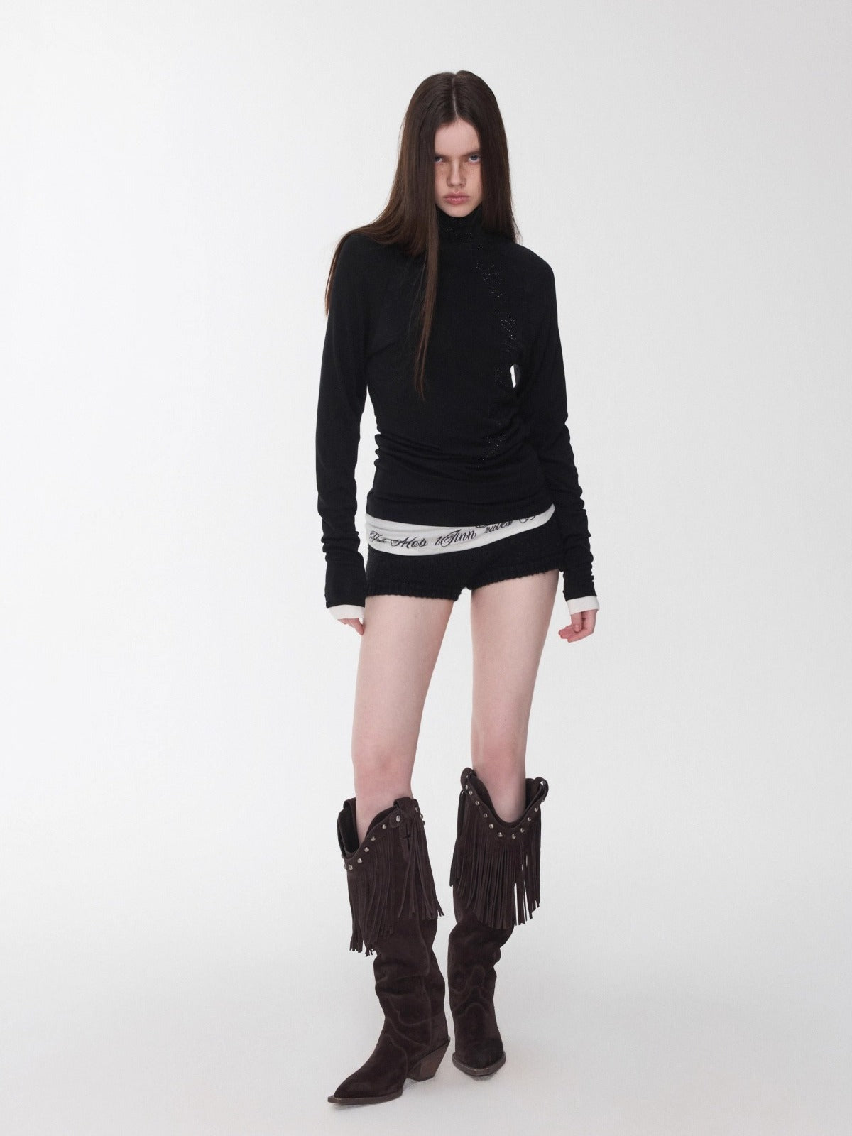 Rhinestone High-Neck Raglan Knit T-Shirt