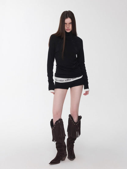 Rhinestone High-Neck Raglan Knit T-Shirt