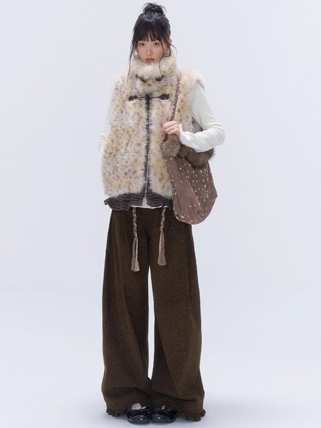 Leopard Pocket Pleated Wide-Leg Pants