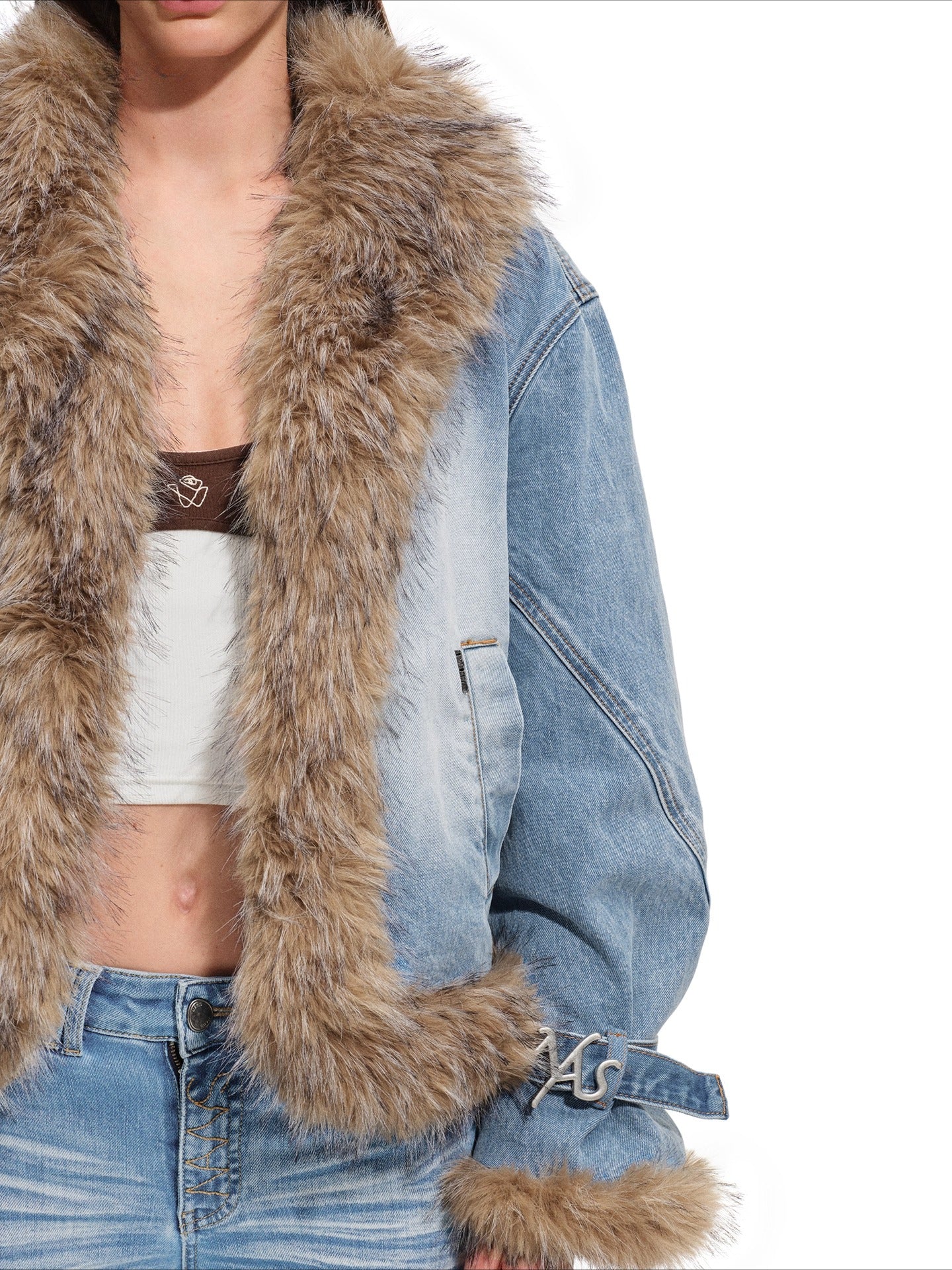 Faux-Fur Trim Washed Denim Jacket