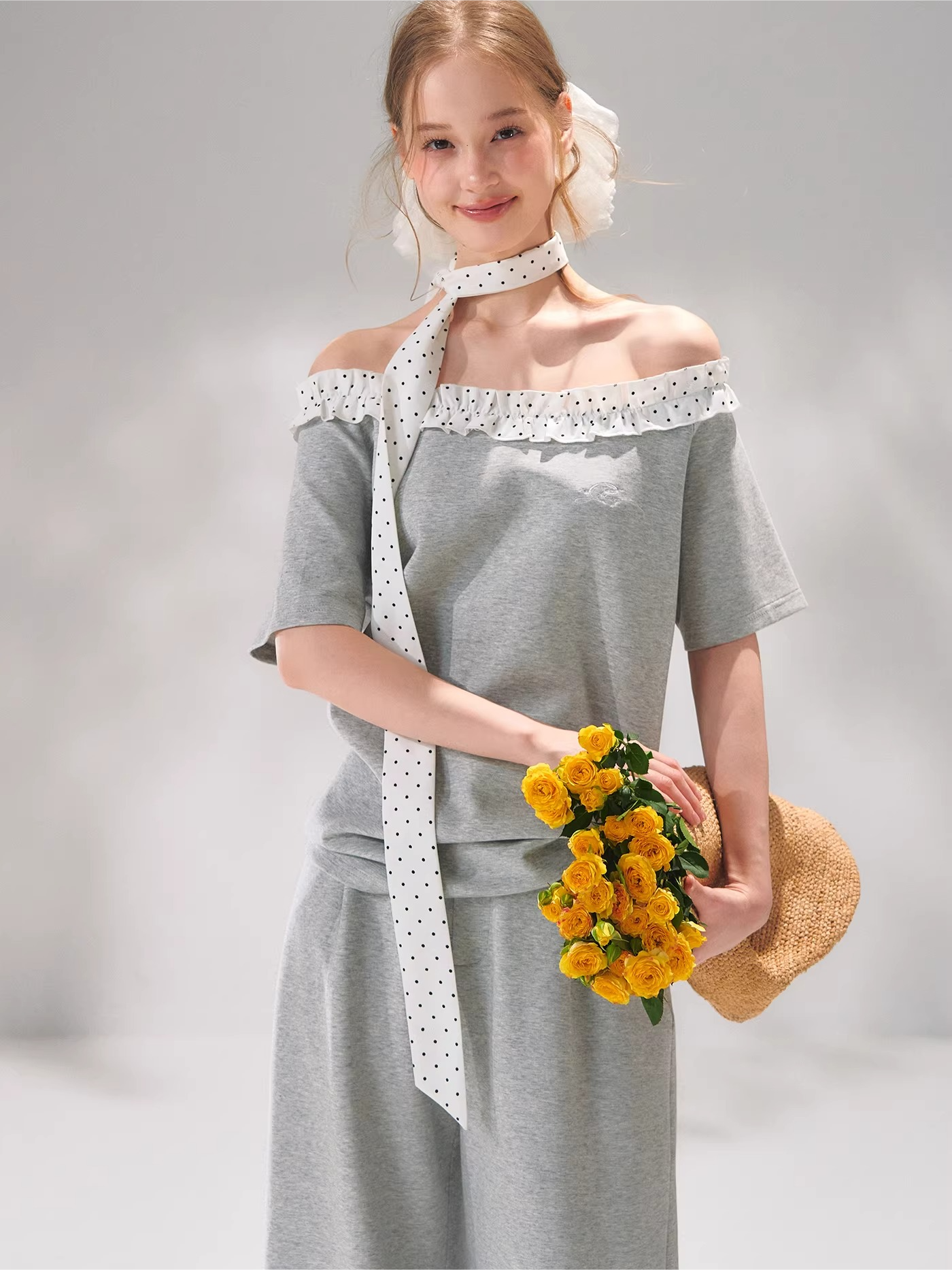 Polka Dot Ruffle Trim Off-Shoulder T-Shirt &amp; Tie-Waist Lounge Pants Set