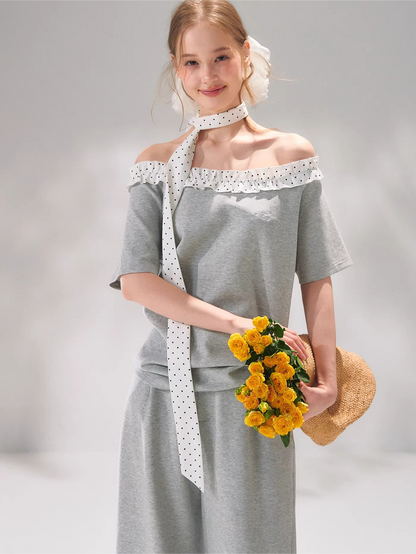 Polka Dot Ruffle Trim Off-Shoulder T-Shirt &amp; Tie-Waist Lounge Pants Set
