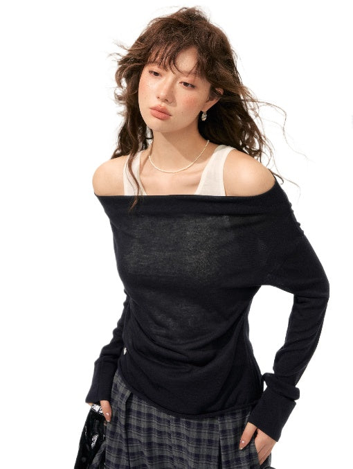 Fake Two-Piece Color-Block Draped Collar Knit Top - CHINASQUAD