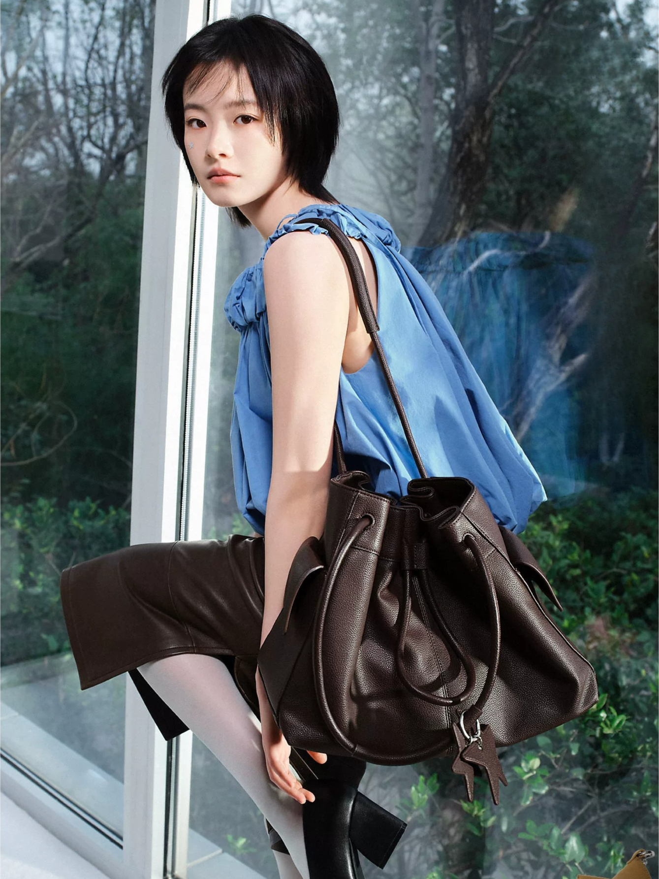 Pebbled Leather Drawstring Cloud Shoulder Bag ECODAY
