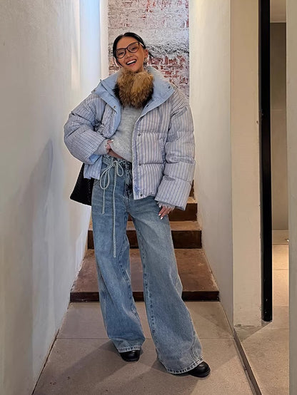 Asymmetric Tie-Detail Loop-Tab Denim Jeans