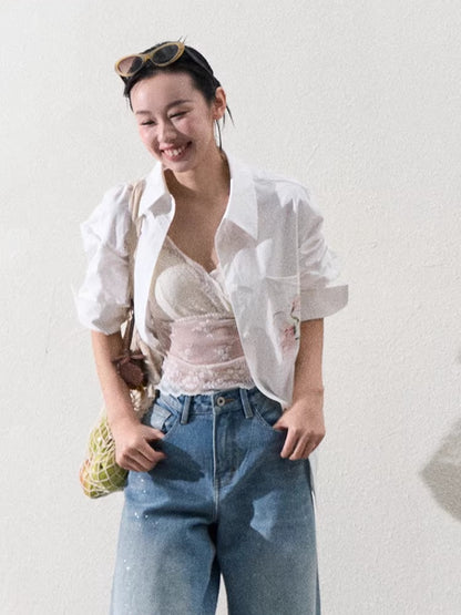 Cotton Silver-Splatter Wide-Leg Jeans