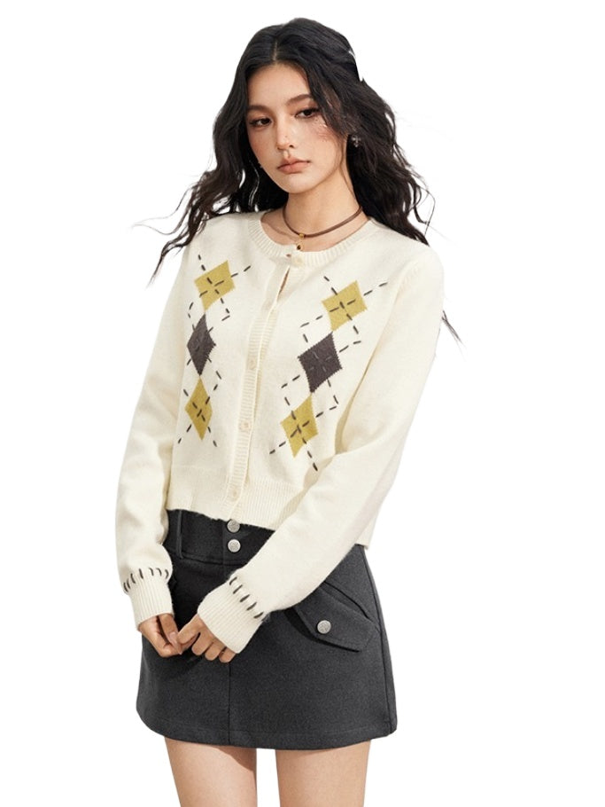 Hand-Stitched Argyle Knit Cardigan