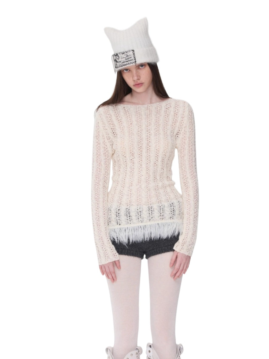 Cable-Knit Faux-Fur Trim Fitted Sweater