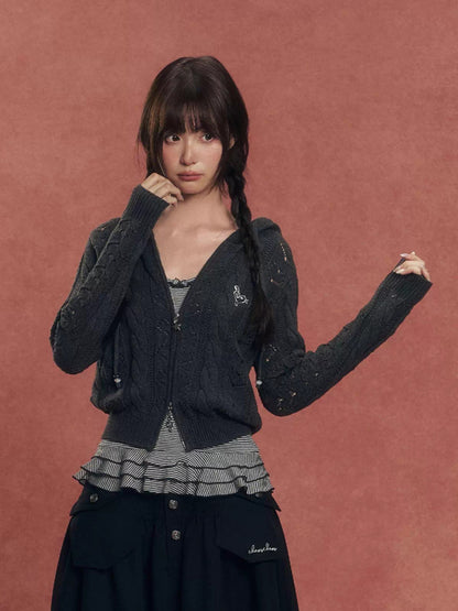 Heart Cutout Cable-Knit Hooded Cardigan