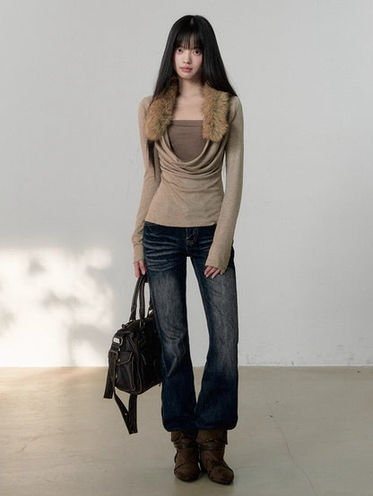 Two-Piece Draped-Collar Knit Crewneck