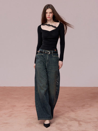 Ruched Lace-Trim Fitted Knit T-Shirt