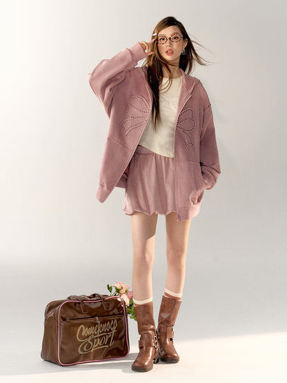 Bow Patchwork Suede Collar Jacket &amp; Skirt Set