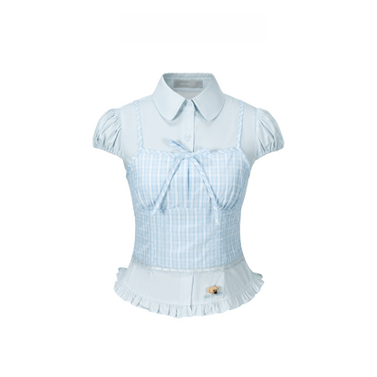 13DE MARZO Layered Puff Sleeve Corset Shirt Top