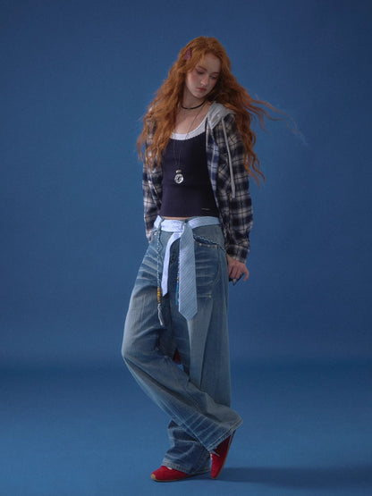 Vintage Plaid Contrast Hooded Shirt