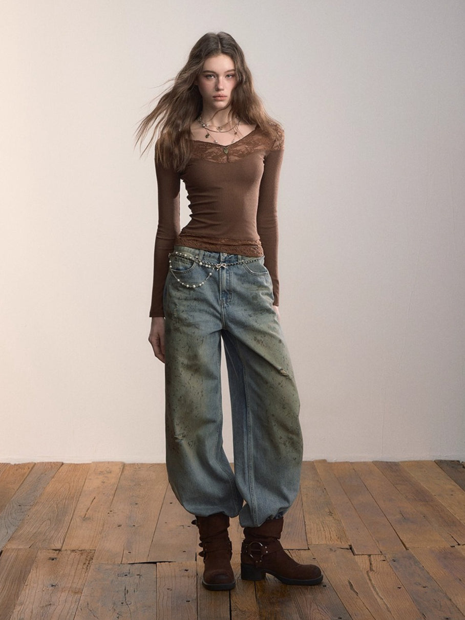 Lace-Trimmed Rib Knit V-Neck Knitwear