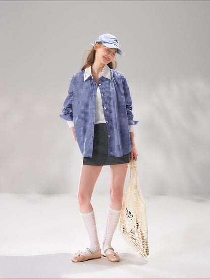 Contrast Collar Layered Plaid Shirt