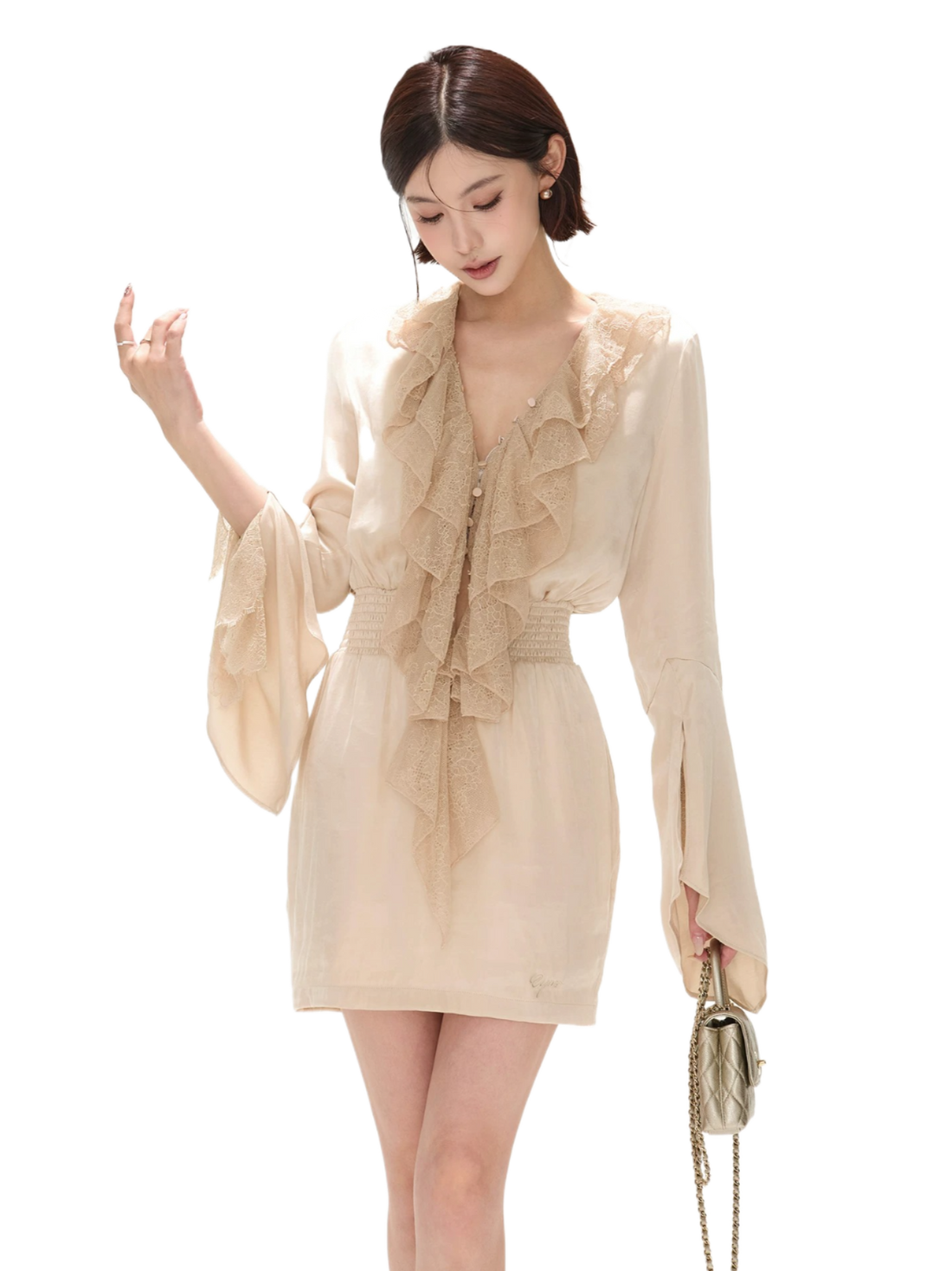 Elegant Ruffled Lace V-Neck Satin Mini Dress