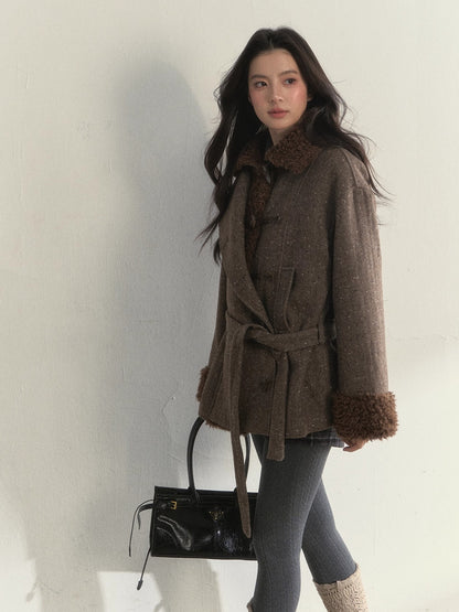 Deep Grey &amp; Brown Wool Blend Fleece-Collar Coat