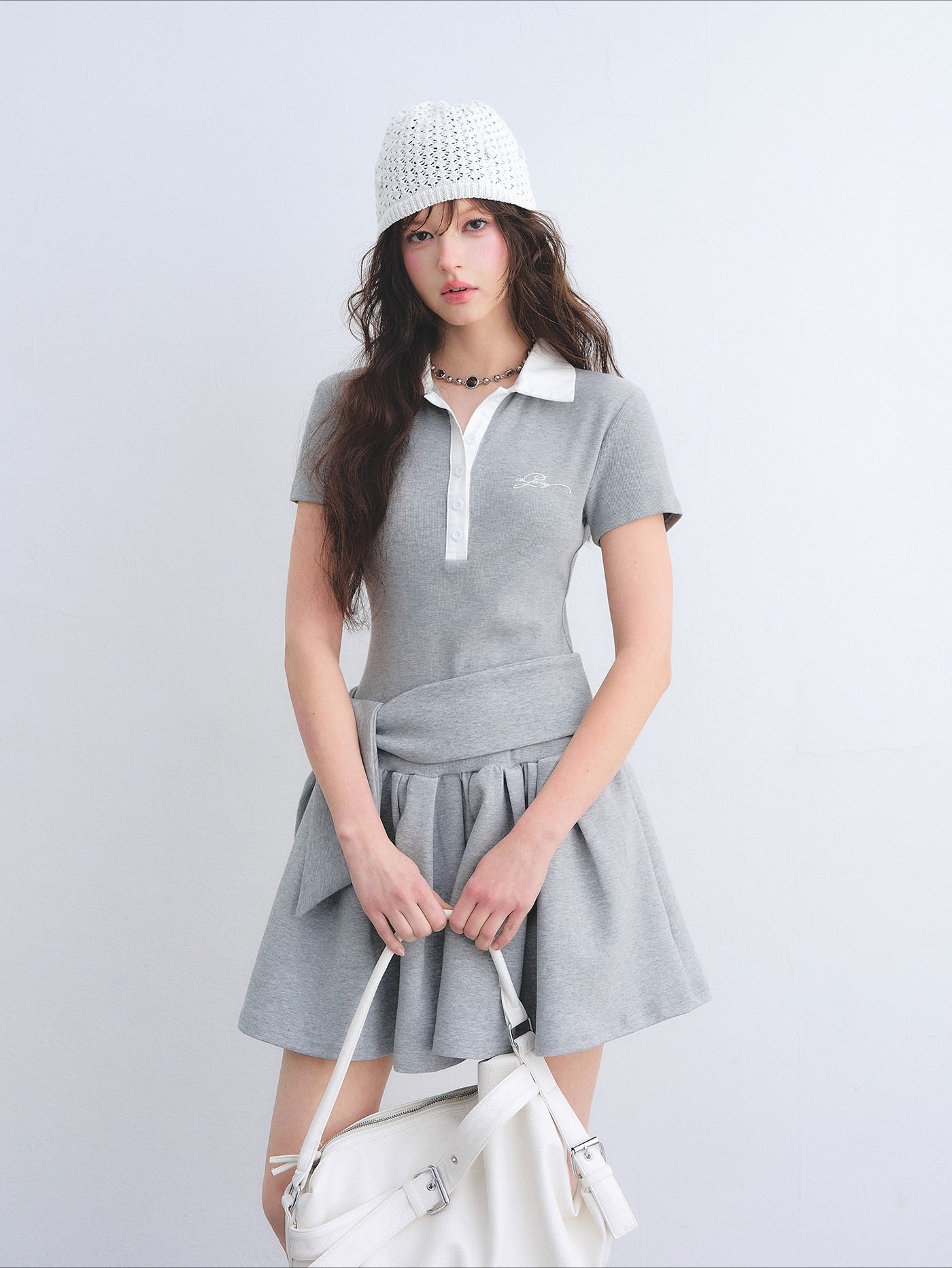 Contrast Polo Collar Puff Dress Two-Piece Set