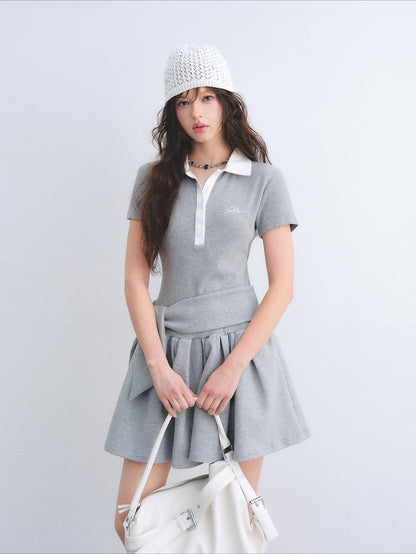 Contrast Polo Collar Puff Dress Two-Piece Set