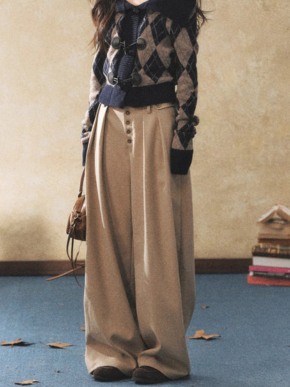 Khaki Relaxed Straight-Leg Wide Trousers