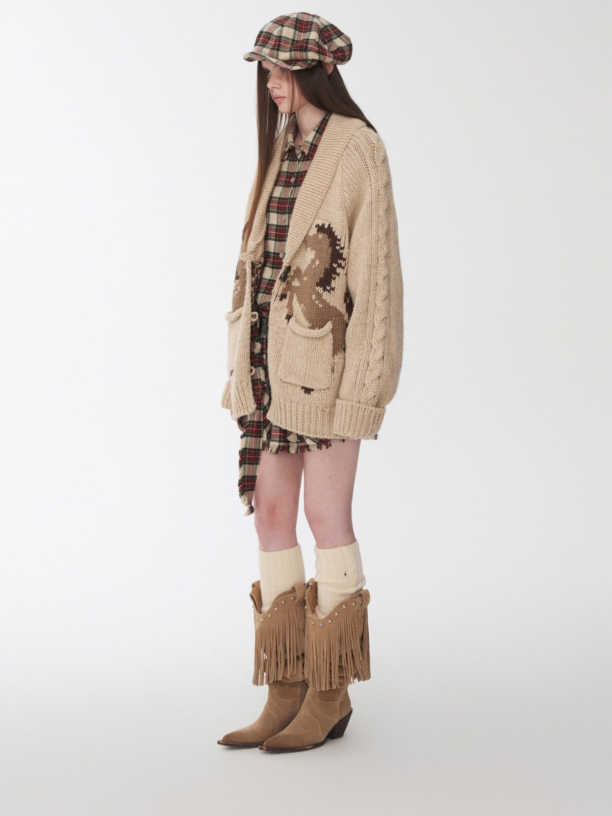 Pony Jacquard Horn-Button Chunky Cardigan