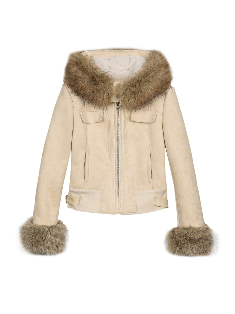 Two-Tone Hooded Fur Collar Shearling Coat