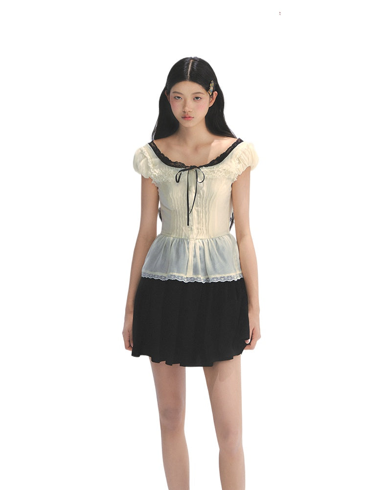 Tuck Pleat Color Blocked Tea- Length Dress
