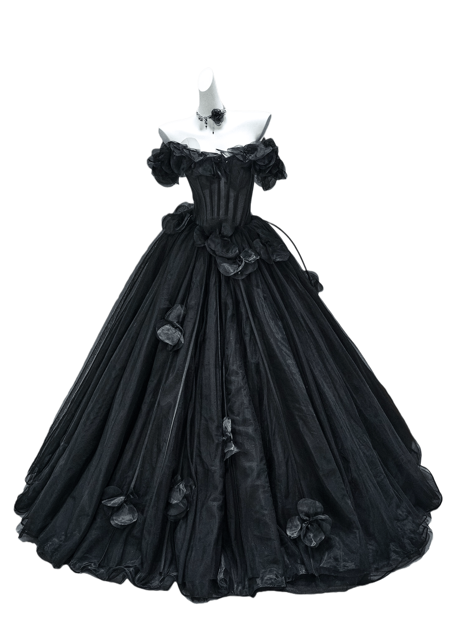 Nightfall Black Tulle Ball Gown with Floral Accents