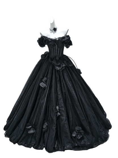 Nightfall Black Tulle Ball Gown with Floral Accents