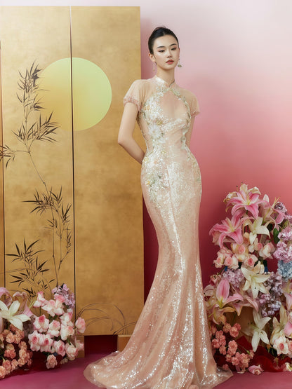 Blossom Whisper Sequin Embroidered Mermaid Evening Gown