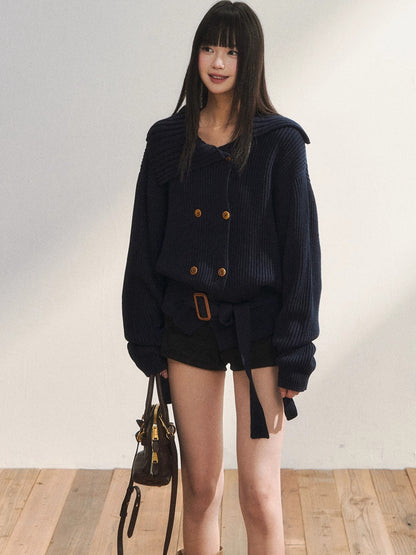 Double-Breasted Belted Knit Cardigan