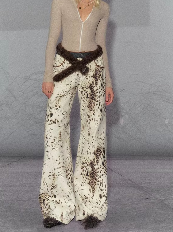 American Leopard Print Wide-Leg Denim Pants