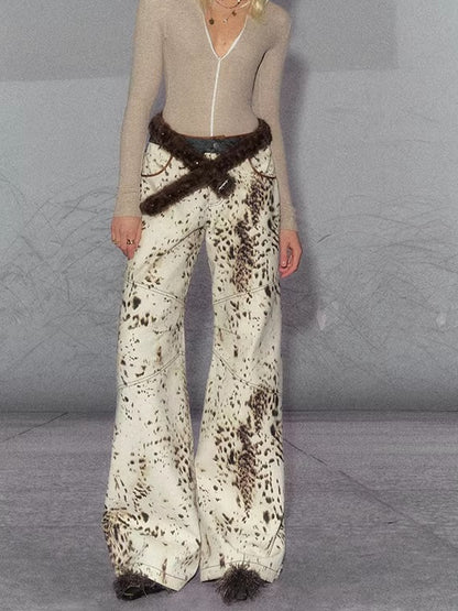 American Leopard Print Wide-Leg Denim Pants