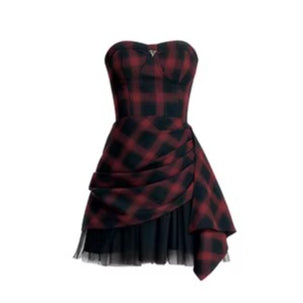 Red-Black Plaid Waist-Defining Dress