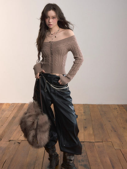 Off-Shoulder Cable Knit Cardigan