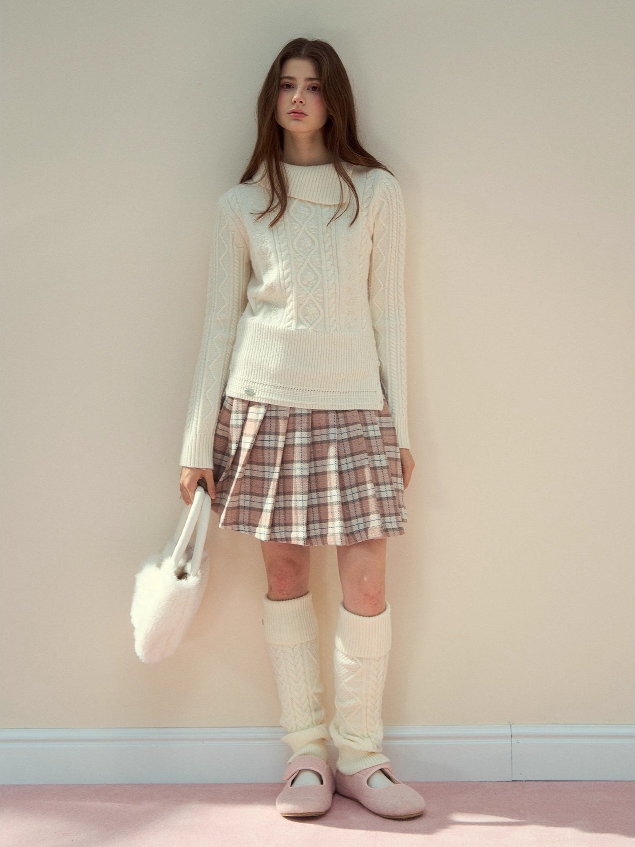 Blush Plaid Wool A-Line Pleated Skirt