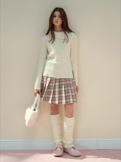Blush Plaid Wool A-Line Pleated Skirt