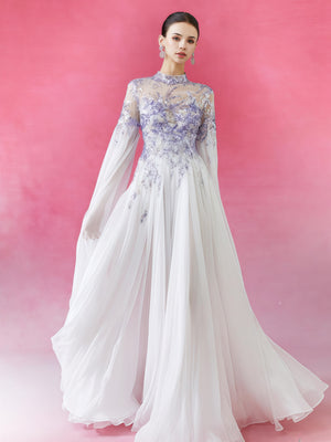 Lavender Crystal Embroidered Illusion Sleeve Gown