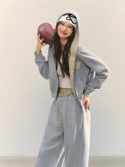 Plaid Appliqué Embroidery Zip-up Hoodie